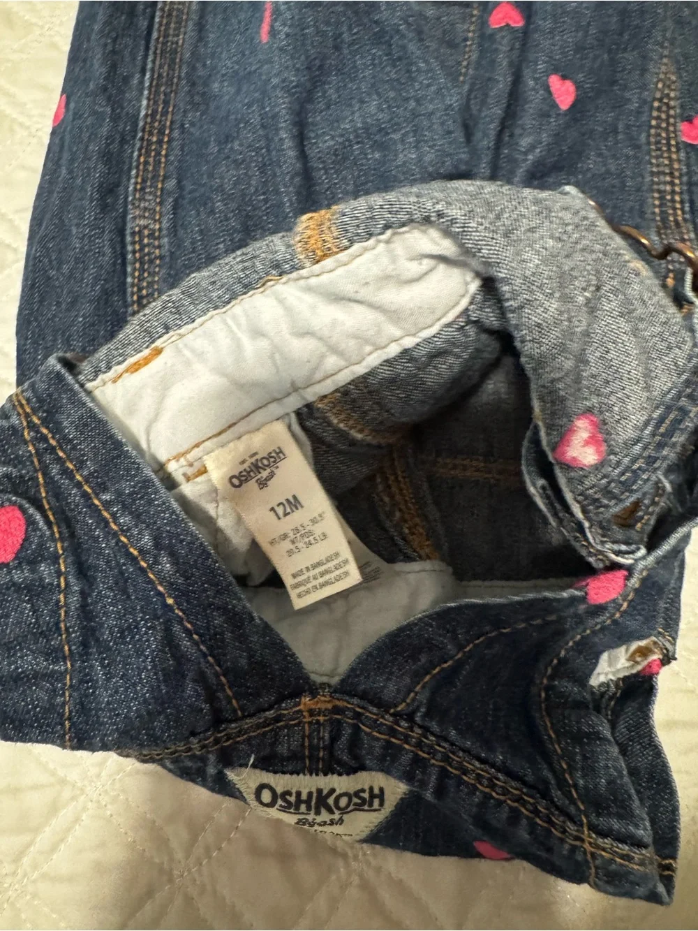 OshKosh B'gosh Dark Blue Denim Overalls with Pink Heart Print